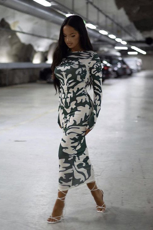 Camo Print Backless Long Sleeve Midi Dress