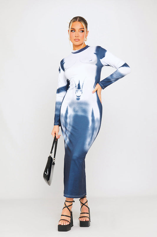Blue & White Body Art Print High Neck Midi Dress
